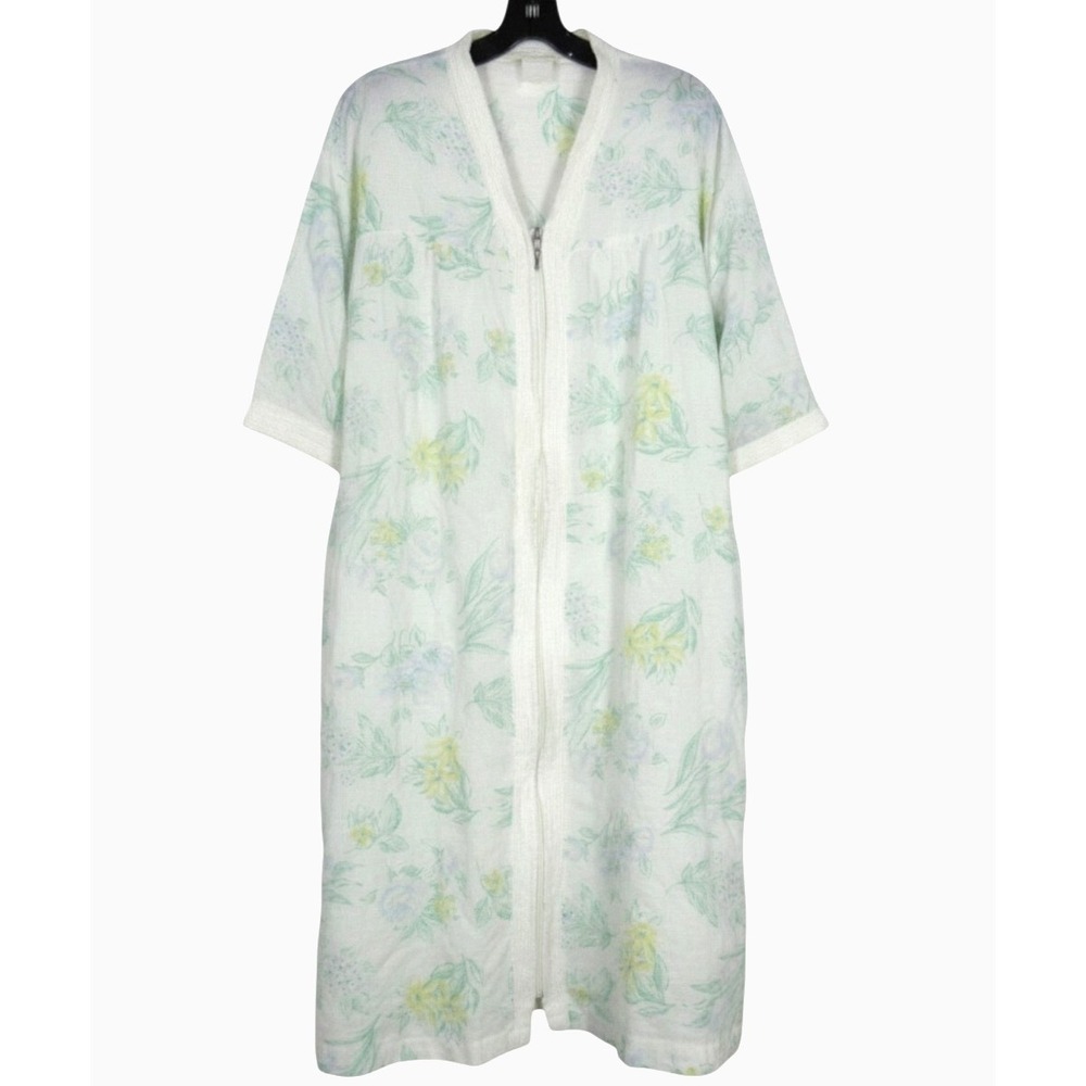 VTG STAN HERMAN Full Zip SEERSUCKER Floral ROBE LOUNGE ROBE KAFTAN DRESS Sz M